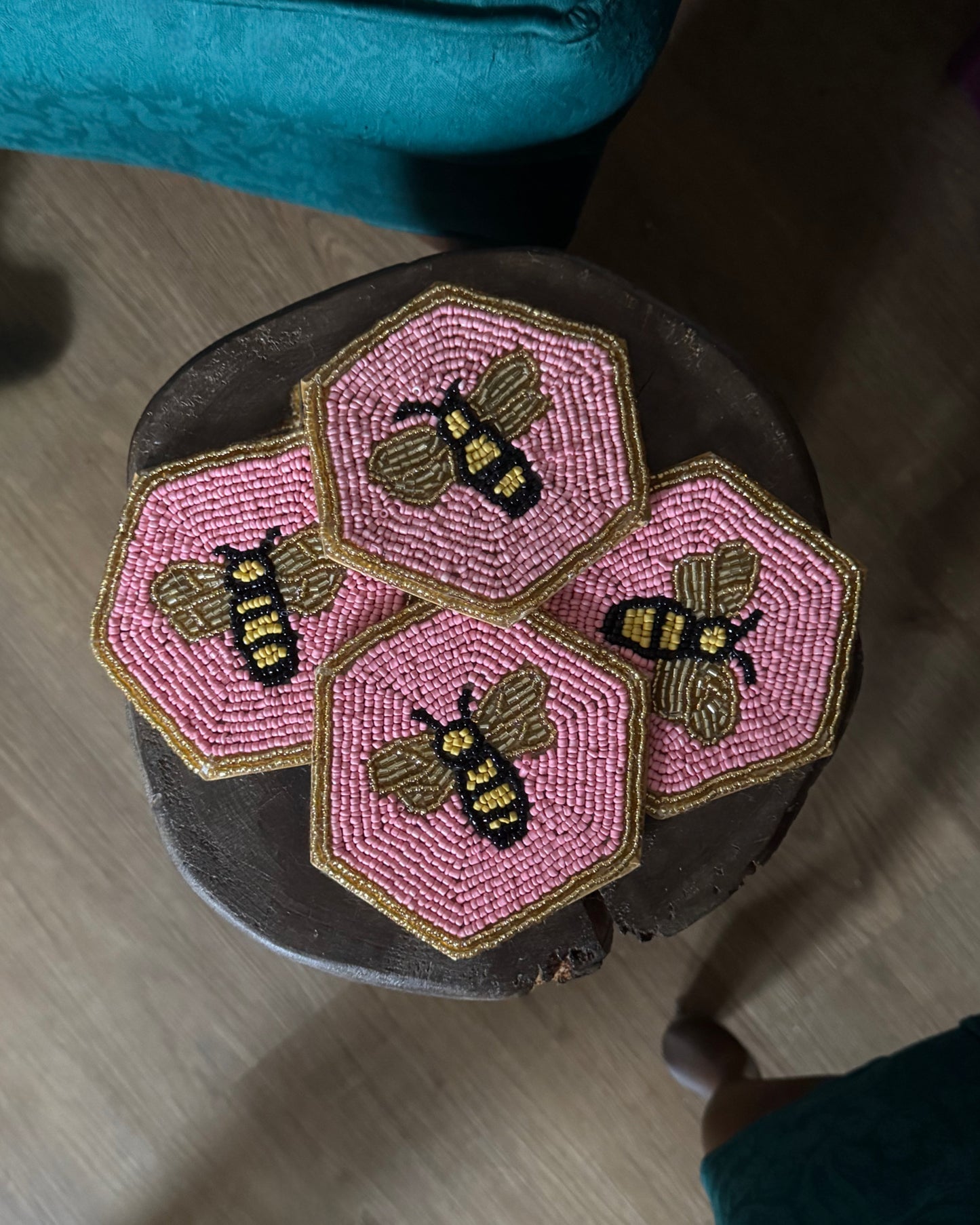 Beaded Pink Bumblebee Embroidered Coasters