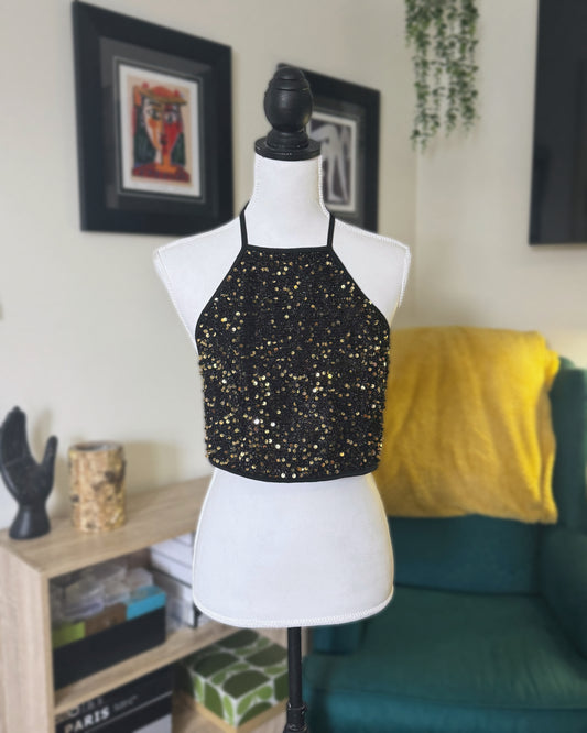 Black & Gold Sequin Open-Back Halter Neck Crop Top