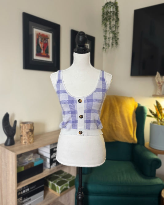 Lilac & White Plaid Sweater Vest Tank with Oversized Buttons