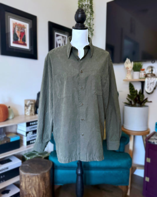 Premiere Collection Vintage 1980s Faux-Suede Olive Green Button-Down Shirt